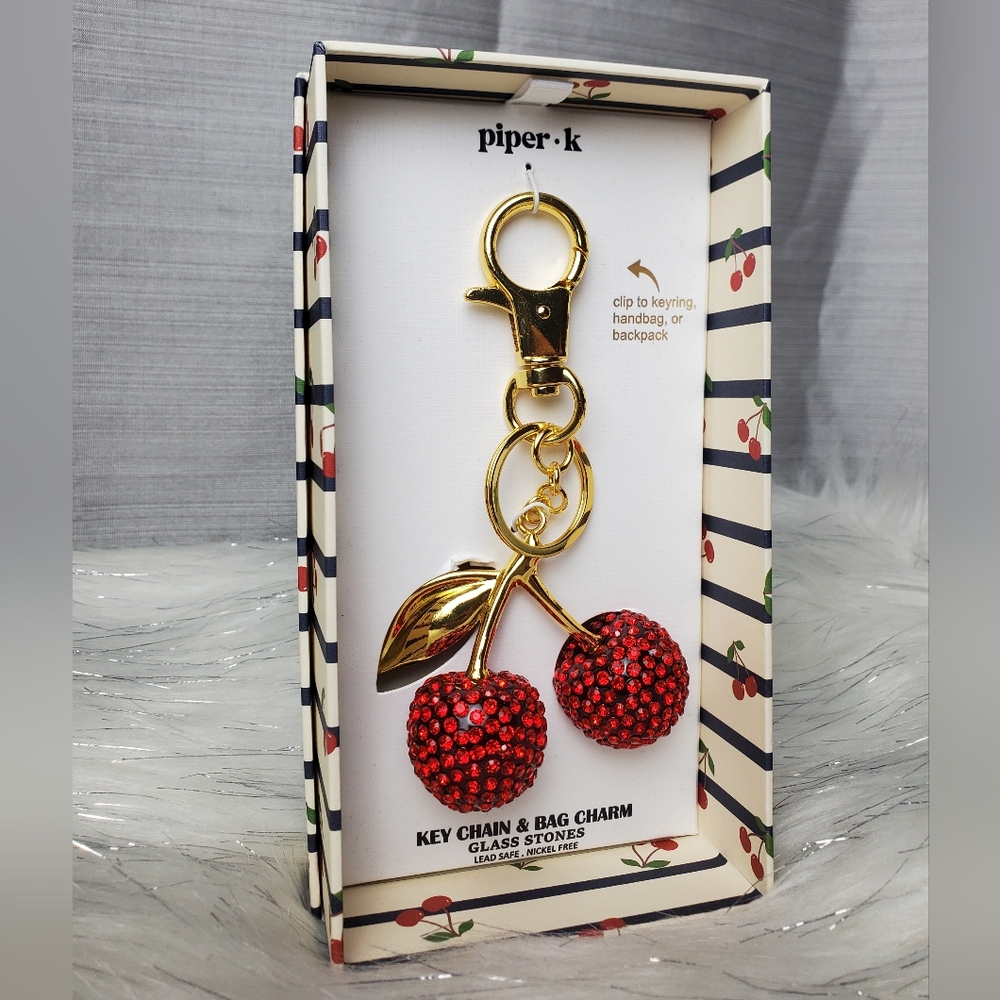 PIPER K Cherry Rhinestone Keychain Bag Charm - Picture 2 of 3